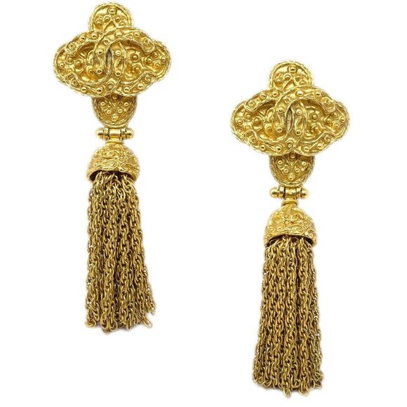 Chanel Fringe Dangle Earrings Clip-On Gold 94A - Picture 1 of 4